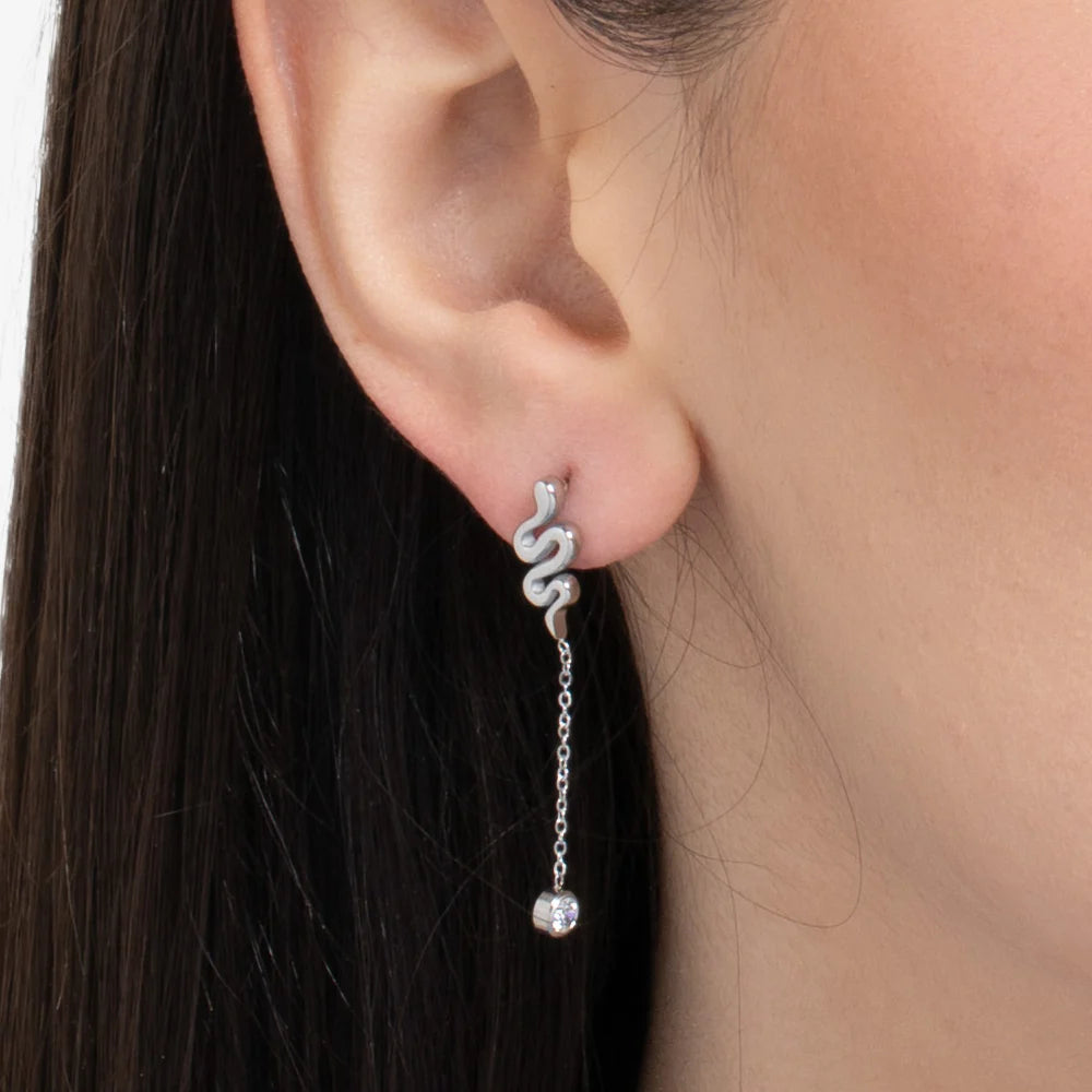 Luca Barra: Mono orecchino donna in acciaio con serpente e cristallo bianco