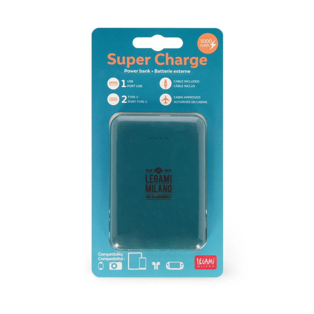Legami - Power Bank Supercharge Petrol Blue 5000 mAh USB e Type-C