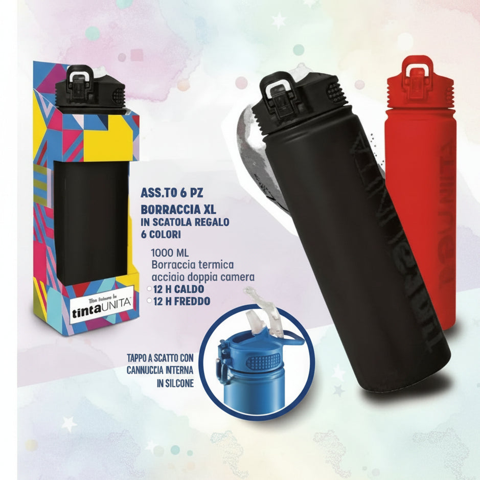 Borraccia Termica XL 1000ml con Cannuccia – Tinta Unita Excellent | Confezione Regalo