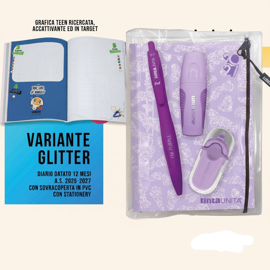Diario Glitter Animalier 12 Mesi Tinta Unita 2026/2027 con Stationery
