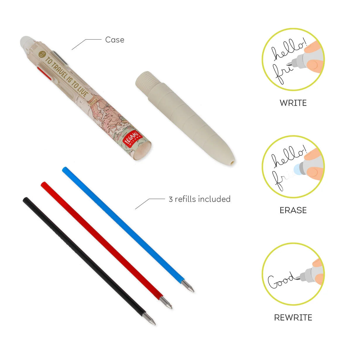 Legami Penna Gel Cancellabile 3 Colori – Travel | Inchiostro Termosensibile 0,5 mm