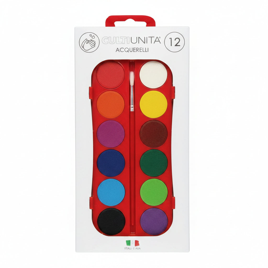 Acquarelli Tinta Unita 12 Colori – con Tavolozza e Pennello Nylon Premium
