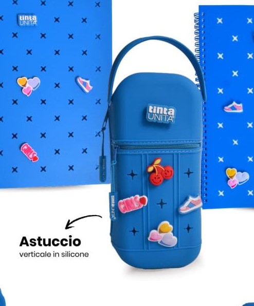 Tinta Unita Click: astuccio verticale blu in silicone con pins