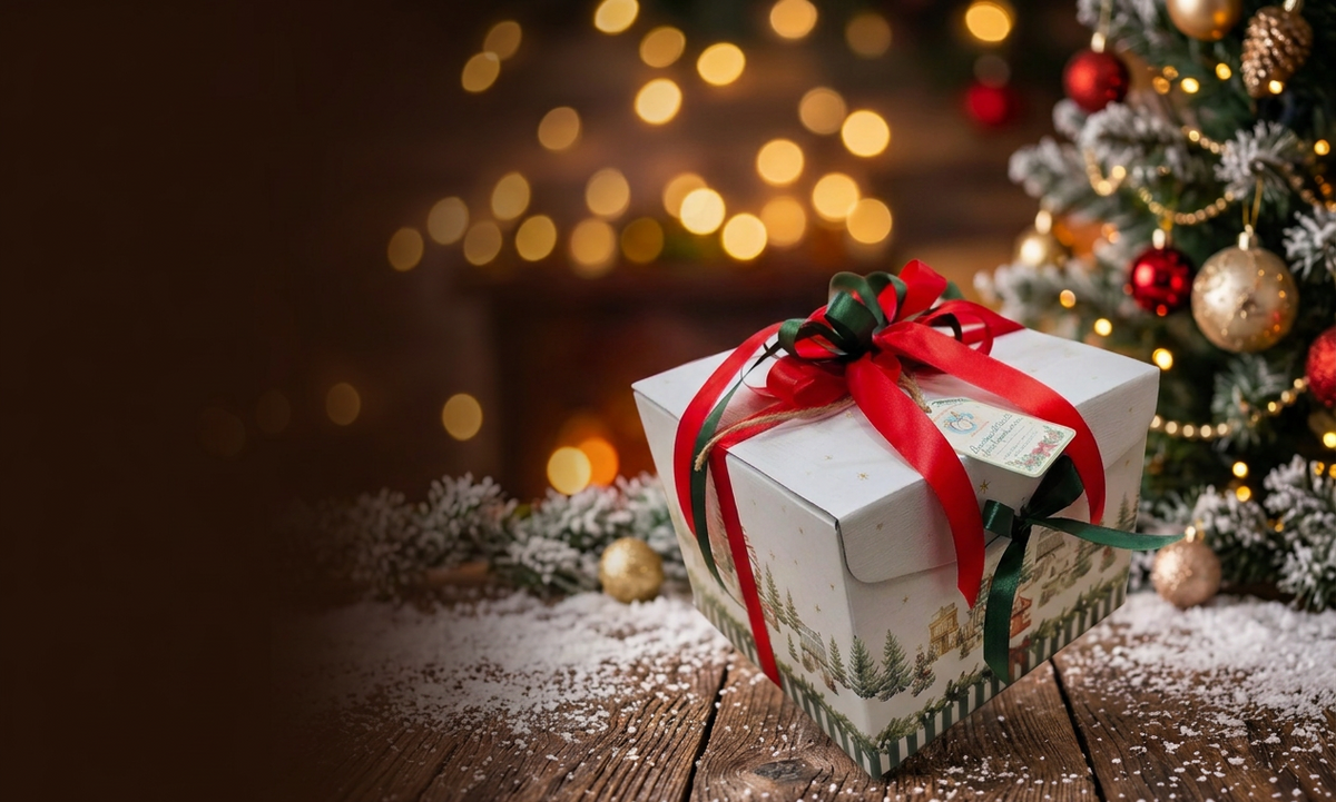 Banner natalizio con regalo a destra e sfondo sfocato a sinistra