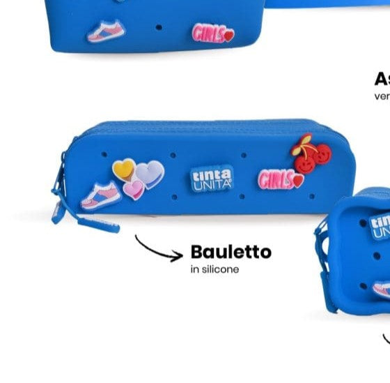 Tinta Unita Click: astuccio bauletto blu in silicone con pins