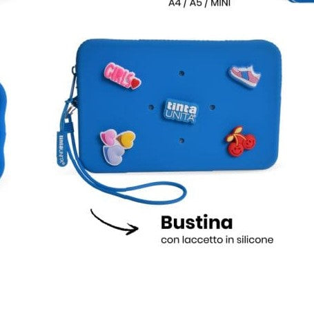 Tinta Unita Click: astuccio bustina piatta blu in silicone con pins