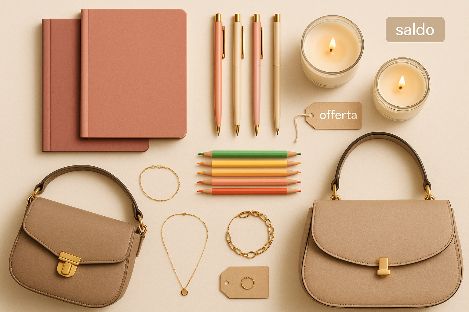 genera un banner immagine per una pagina che mostra i prodotti in offerta, senza scritte grandi ma al massimo scritte piccole con scritto "saldo" o "offerta", i prodotti sono prodotti da cartoleria, candele, gioielli, borse