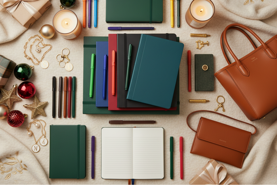 genera un'immagine di copertina per la HP di un ecommerce di una cartoleria. Voglio un'immagine bella, colorata ma non infantile, che contenga prodotti di cancelleria, candele, idee regalo, borse, portachiavi, gioielli, e articoli per il natale