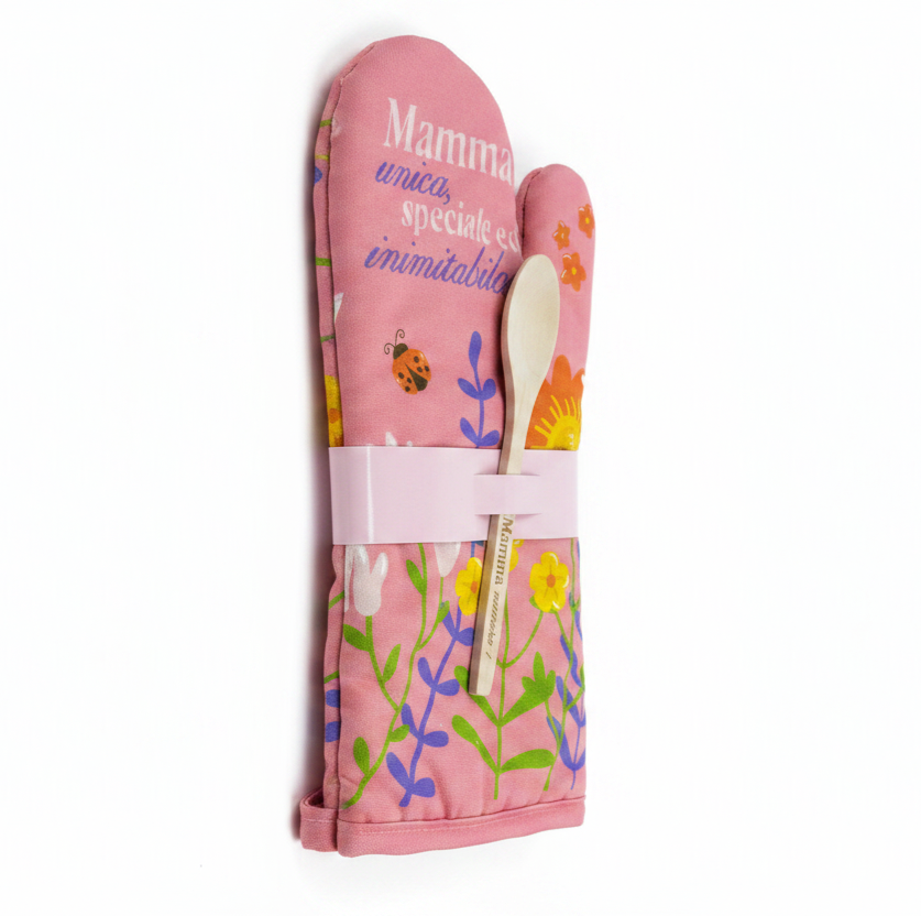 Virca - Set Regalo Mamma – Guanto da Cucina Floreale e Cucchiaio in Legno