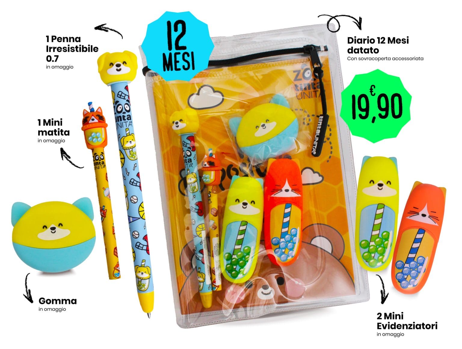 Diario Datato  12 Mesi Tinta Unita Zoo 2026-2027 con Sovracoperta PVC e Stationery