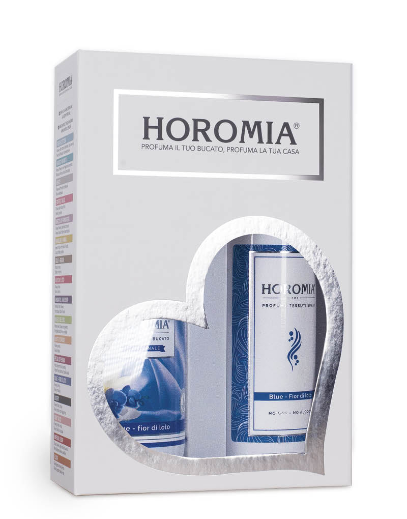 Horotwins BLU FIOR DI LOTO: confezione regalo contenente il profuma bucato e il profumo spray per tessuti della stessa fragranza