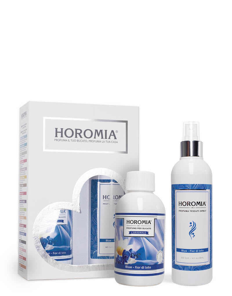 Horotwins BLU FIOR DI LOTO: confezione regalo contenente il profuma bucato e il profumo spray per tessuti della stessa fragranza