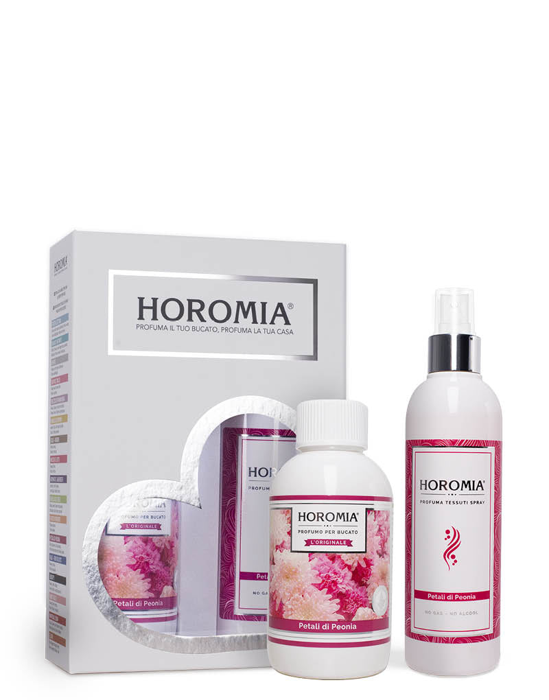Horotwins Petali di Peonia: confezione regalo contenente il profuma bucato e il profumo spray per tessuti della stessa fragranza