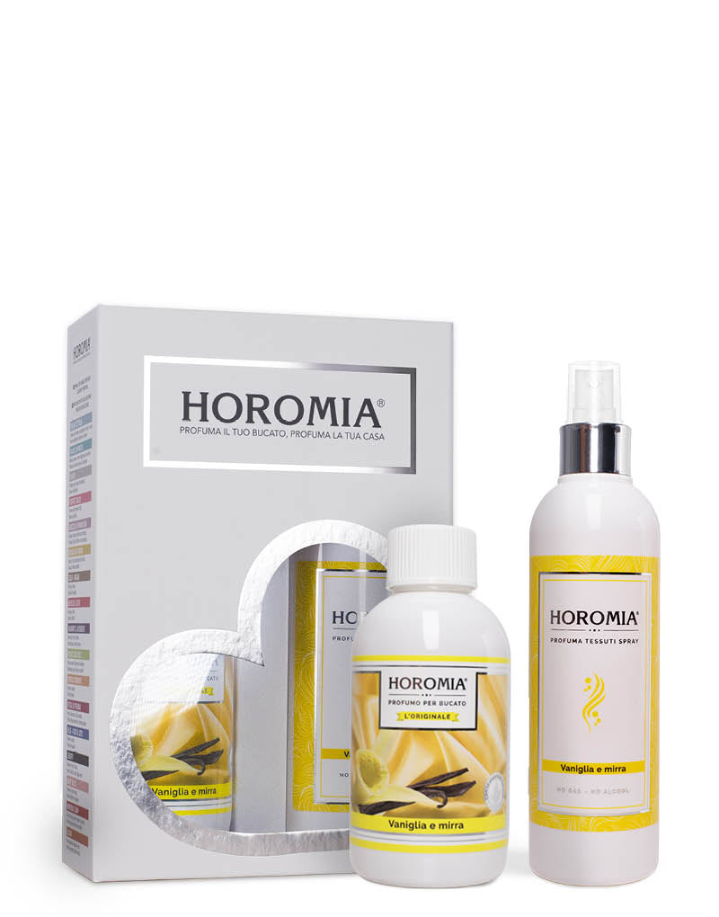 Horotwins WHITE: confezione regalo contenente il profuma bucato e il profumo spray per tessuti della stessa fragranza