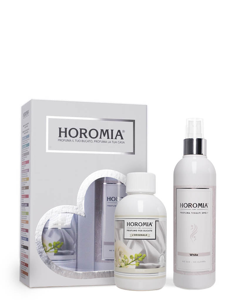 Horotwins WHITE: confezione regalo contenente il profuma bucato e il profumo spray per tessuti della stessa fragranza