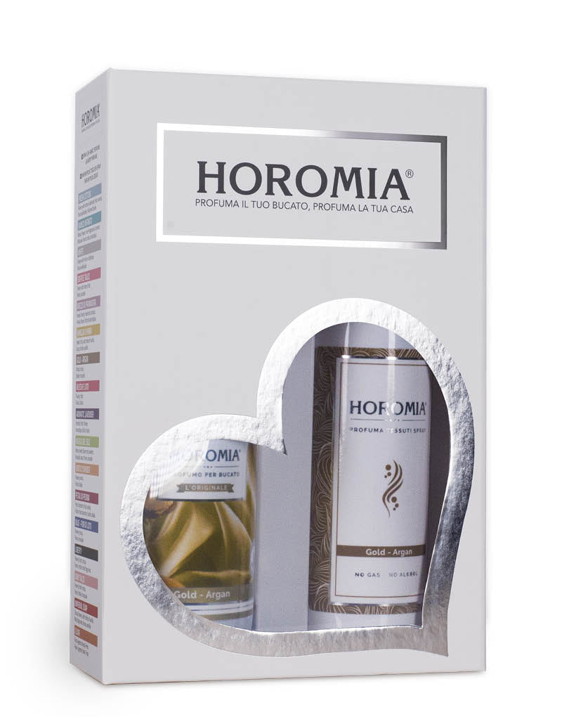 HOROTWINS Legni Preziosi: confezione regalo contenente il profuma bucato e il profumo spray per tessuti della stessa fragranza.