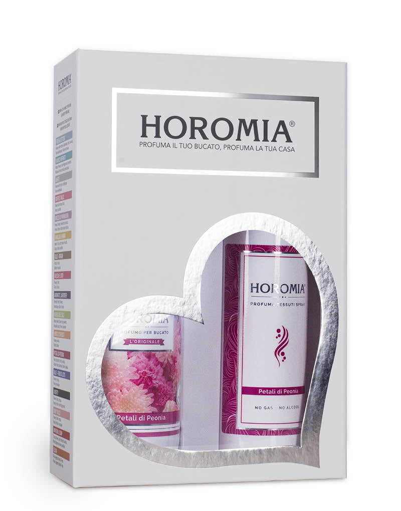 Horotwins Petali di Peonia: confezione regalo contenente il profuma bucato e il profumo spray per tessuti della stessa fragranza