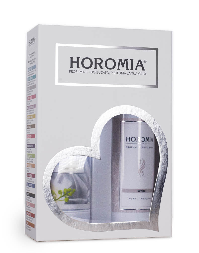 Horotwins WHITE: confezione regalo contenente il profuma bucato e il profumo spray per tessuti della stessa fragranza