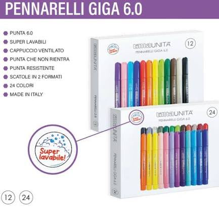 Tinta Unita Pennarelli Giga Punta 6.0 Super Lavabili – 12 Pezzi