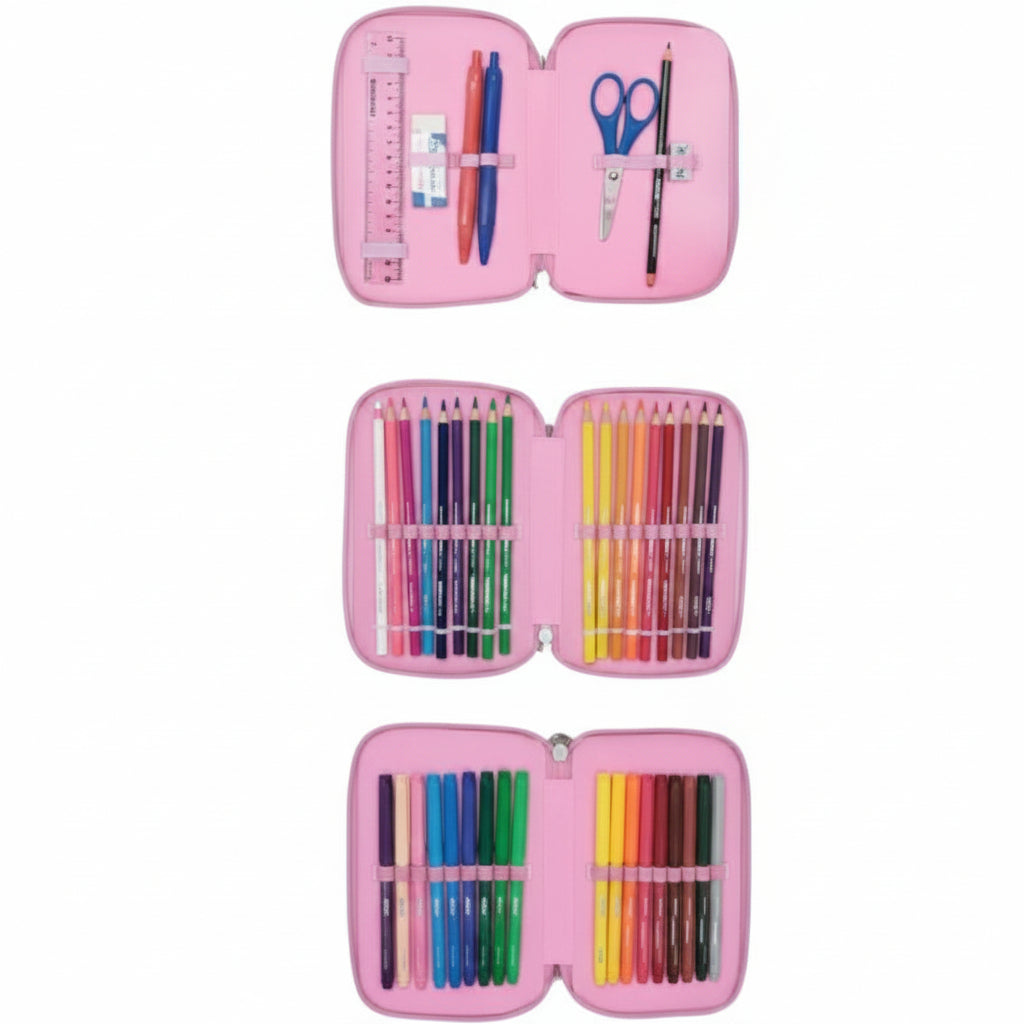 Astuccio 3 Zip Glamour Rosa Glitter Tinta Unita – Completo di Materiale