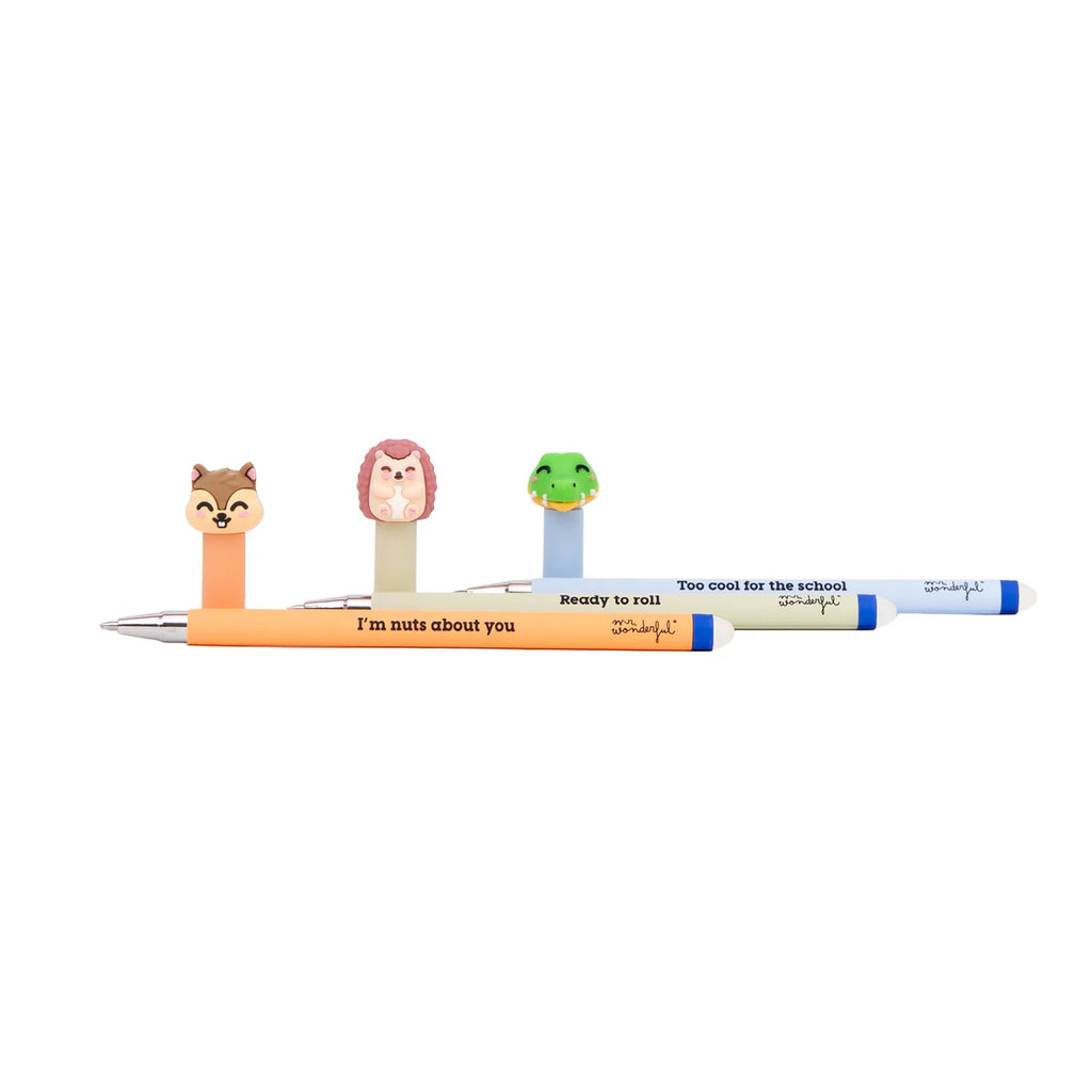 Mr.Wonderful Set 3 Penne Cancellabili Bo-Bo – Scoiattolo, Riccio e Coccodrillo