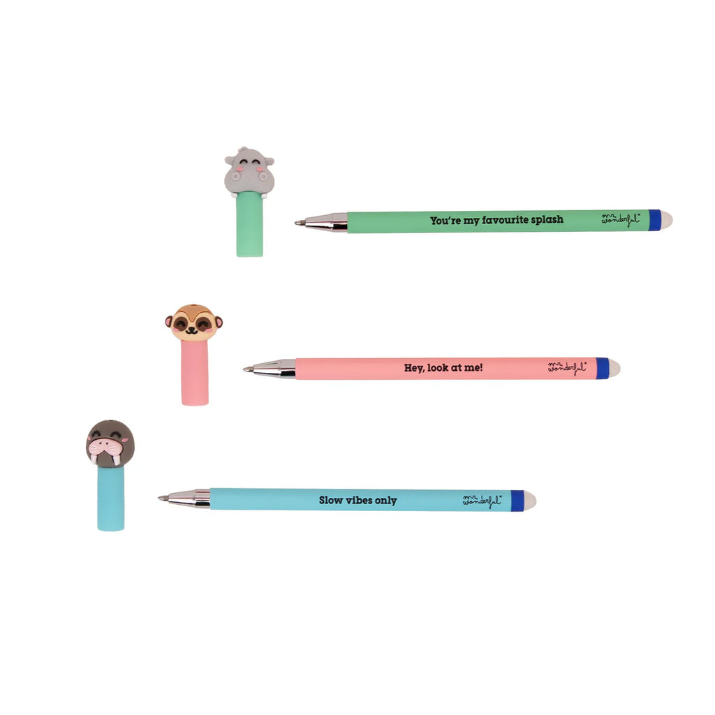 Mr.Wonderful Set 3 Penne Cancellabili Bo-Bo – Tricheco, Suricato e Ippopotamo