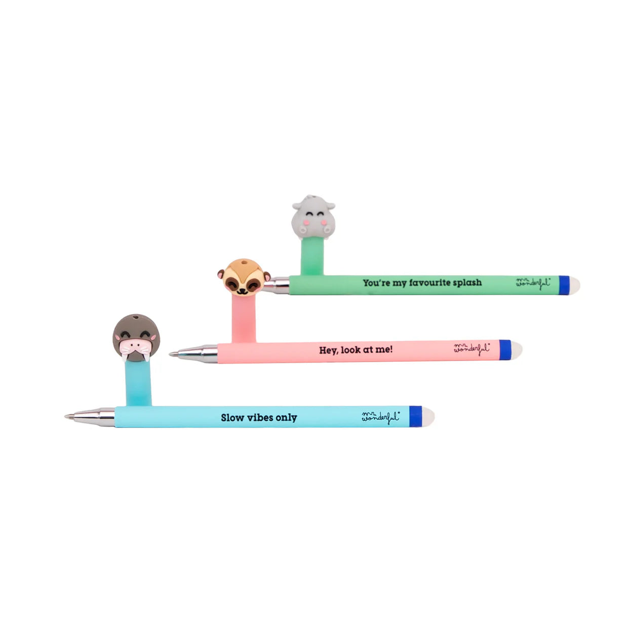 Mr.Wonderful Set 3 Penne Cancellabili Bo-Bo – Tricheco, Suricato e Ippopotamo