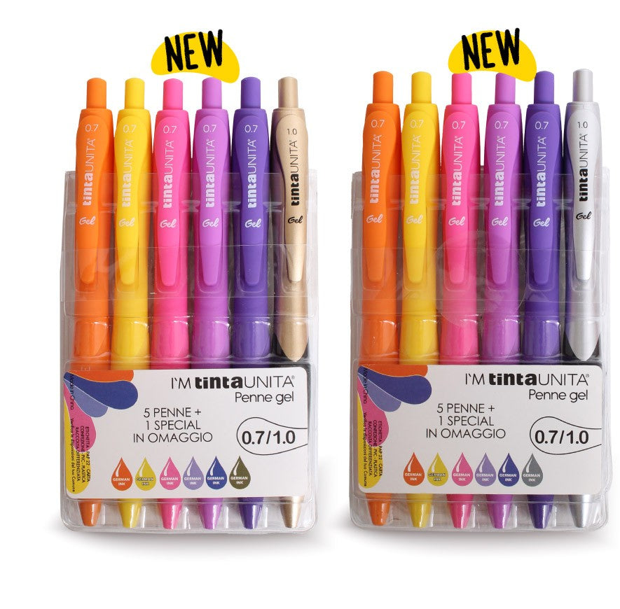 Tinta Unita: confezione in PVC contenente 5 penne gel 0.7 ed una special 1.0