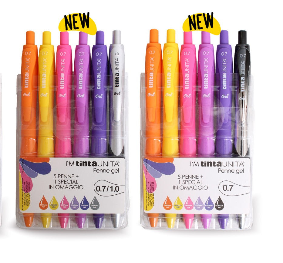 Tinta Unita: confezione in PVC contenente 5 penne gel 0.7 ed una special 1.0