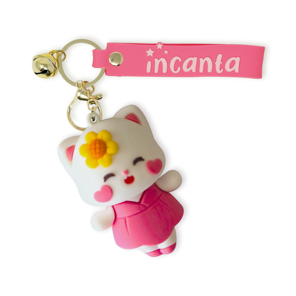 Portachiavi in PVC Gatto con Fiore Sonellino con Campanellino – Incanta