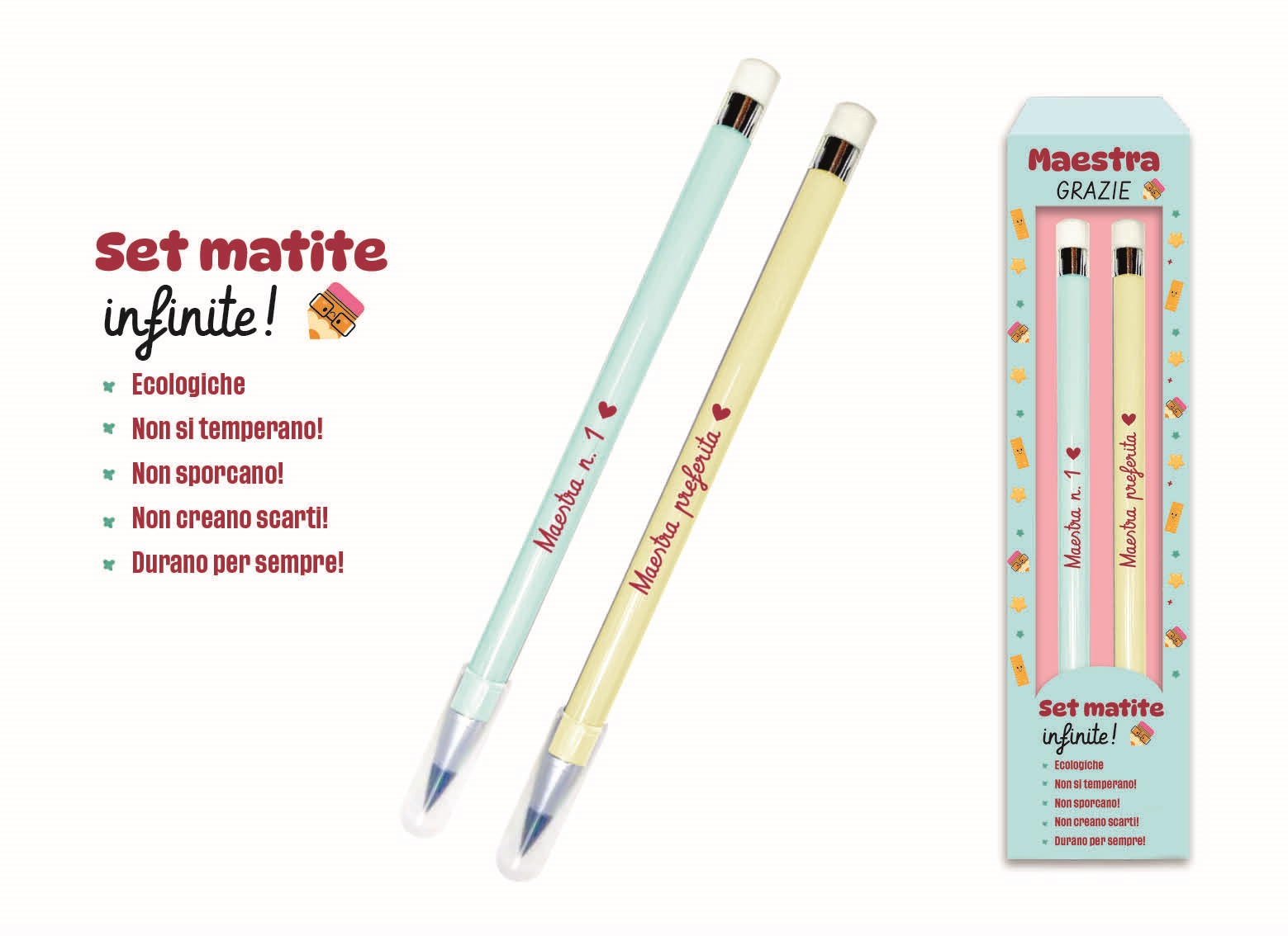 Set 2 Matite Infinite per la Maestra – Con Dedica e Gommino in Confezione Regalo | Virca