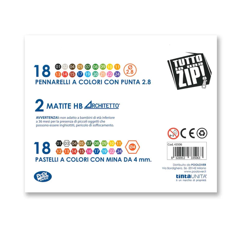 Tinta Unita Set Ricarica Astuccio Completo – 18 Pennarelli, 18 Pastelli, 2 Matite HB