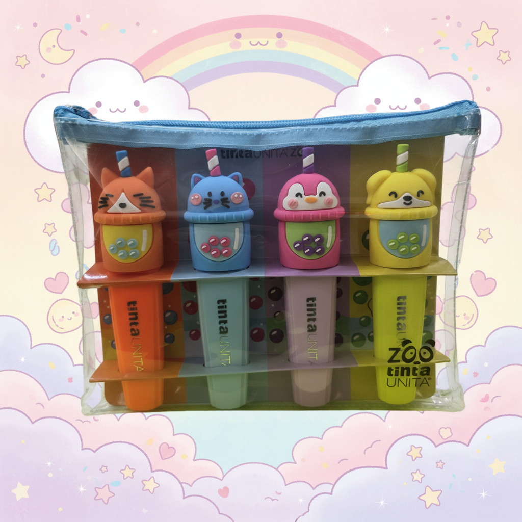 Tinta Unita Zoo - Set 4 Evidenziatori con Topper 3D Animaletti + Astuccio Silicone