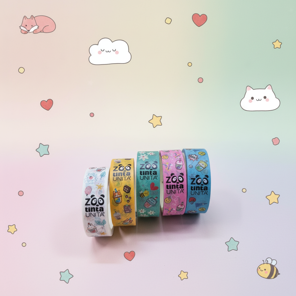 Tinta Unita Zoo - Washi Tape – Set 5 Nastri Decorativi in Carta